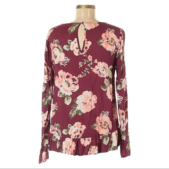 🌺 Boutique C Boho Floral Wine Ruffle Long Sleeve Blouse Size M NWT - Picture 2 of 8